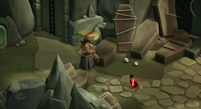 A small crow bearing a glowing red sword stands in front of a large figure with a tombstone on its head. They stand in a green area surrounded by stone walls and wooden coffins.