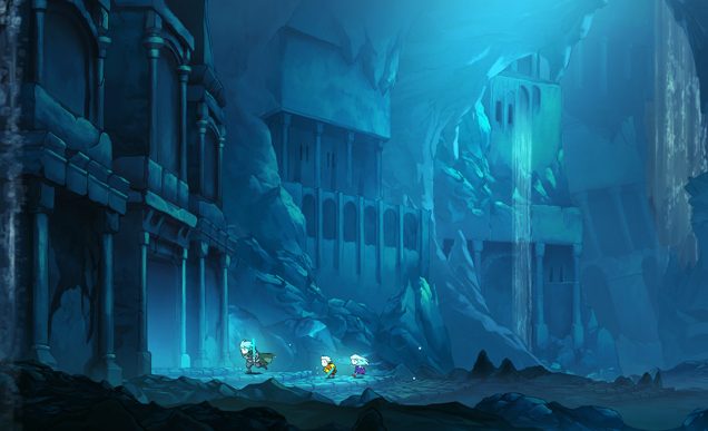 Greak, Adara and Raydel running through vast underground ruins filled with bright blue light.