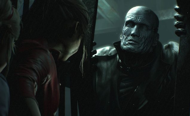A woman and child hide in the dark corner of the frame as a large grey-skinned human dressed in a leather jacket menacingly approaches them.