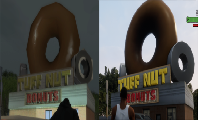 A side by side comparison between the original Grand Theft Auto: San Andreas video game on the left and it's Definitive Edition remaster on the right. They each feature a shop with the store name on the front 'Tuff Nut Donuts' with a giant donut on the roof. The image on the left also features a bolt screw beside the donut but the image on the right features a more circular object in its place. 