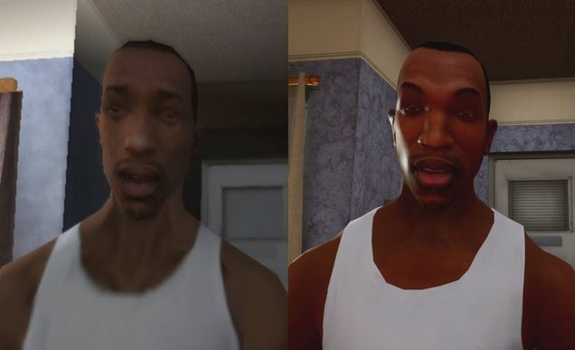 A side by side comparison between the original Grand Theft Auto: San Andreas video game on the left and it's Definitive Edition remaster on the right. They each feature a man wearing a white vest top. The image on the left is noticeably older and lower resolution but the image on the right has a strange and uncanny art style. 