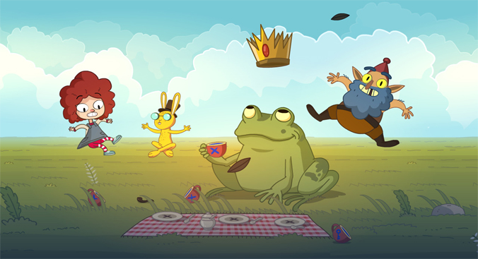 Promo image for Lost in Play. A young girl with curly red hair floats above a picnic blanket on a grassy field. A yellow rabbit with glasses, a frog with a crown above its head and a gnome with a pointed hat and grey beard float with her.