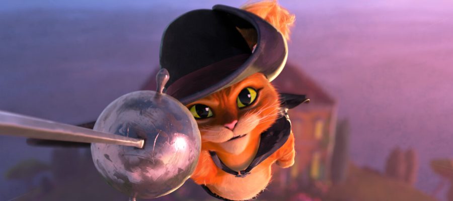 An animated cat flies towards the screen armed with a sword