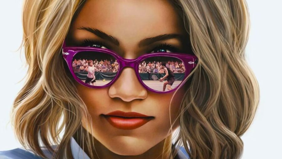 A picture of the poster of the movie, to support the Challengers film review, that shows Zendaya as the character Tashi Duncan watching a tennis match