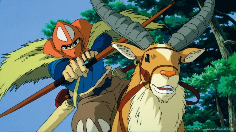Still from Princess Mononoke. A masked rider armed with a fully drawn bow rides a red elk.
