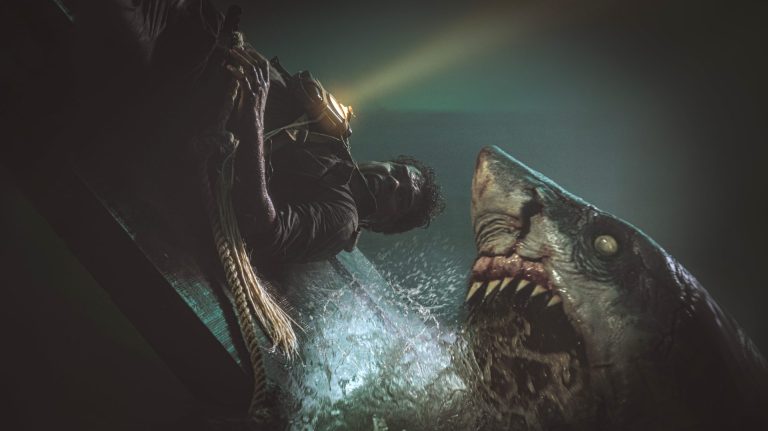 A man falling from a boat into a shark's mouth in a scene from Beast of War