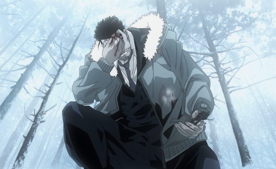 An animated character kneels down, clutching his eye which is surrounded by blood.
