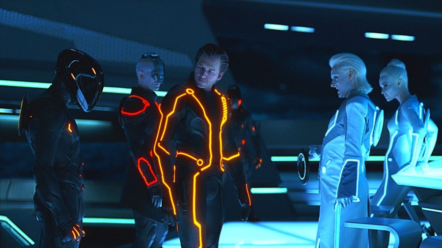 Tron characters conversing in a neon-lit bar.
