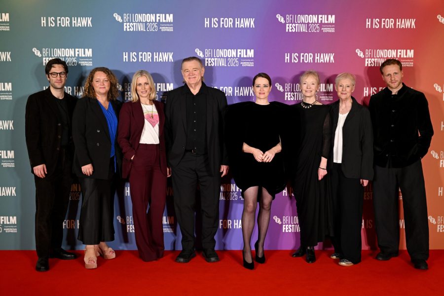 The cast and crew for H is for Hawk posing on the red carpet together