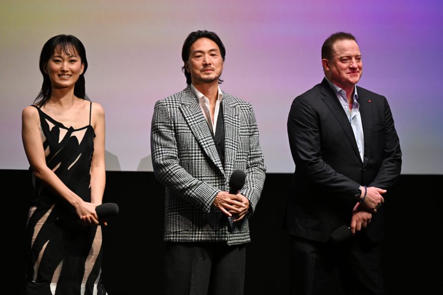 Mari Yamamoto, Takehiro Hira and Brendan Fraser onstage during the "Rental Family" American Express Gala at the 69th BFI London Film Festival