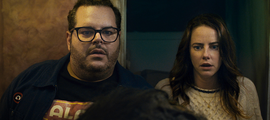 Josh Gad and Kaya Scodelario look shocked in Adulthood (2025)
