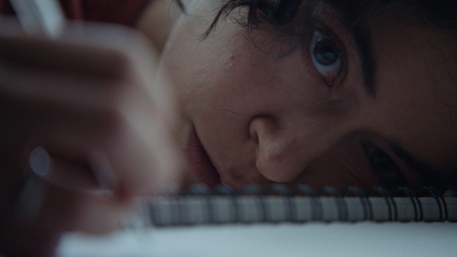 Tatiana Maslany as Liz in Keeper laying with her head on a notebook with a pen in her hand.