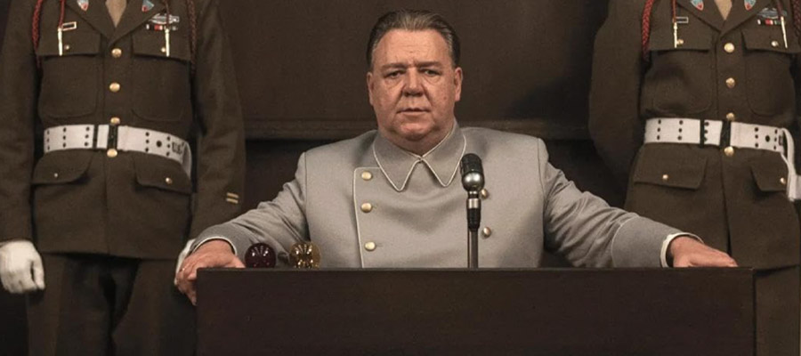Russell Crowe as Hermann Göring sits on trial at Nuremberg